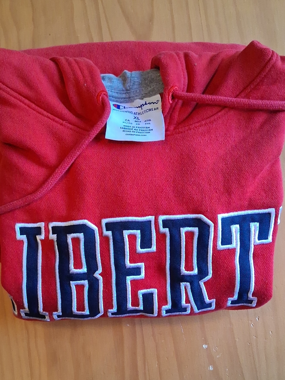Champion Red Crewneck Sweatshirt with Navy 'LIBERTY' Applique
